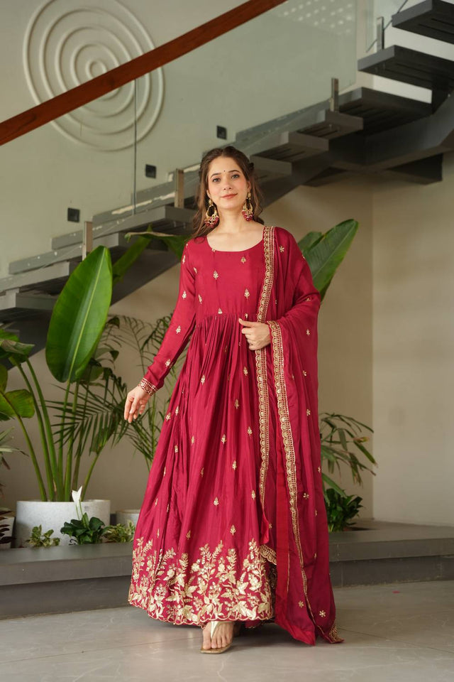 Red Sequin With Embroidered Chinon Gown