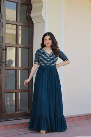 Turquoise Embroidered Georgette Gown