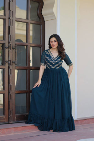 Turquoise Embroidered Georgette Gown