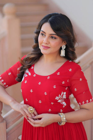 Red Embroidered Georgette Gown