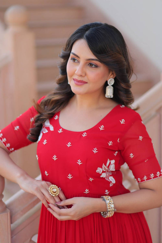 Red Embroidered Georgette Gown