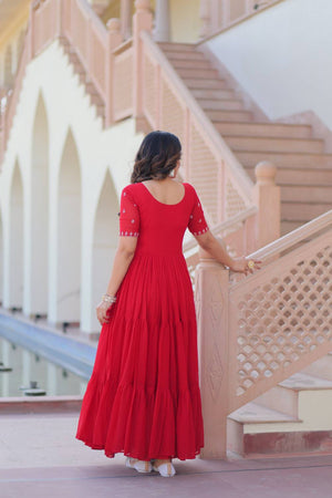 Red Embroidered Georgette Gown