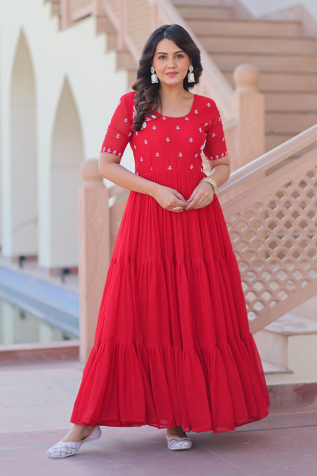 Red Embroidered Georgette Gown