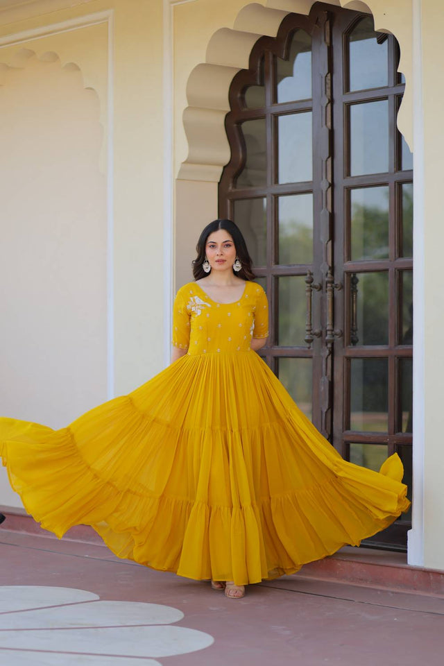 Yellow Embroidered Georgette Gown