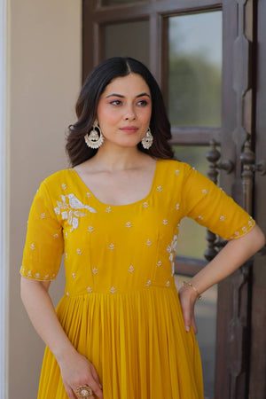 Yellow Embroidered Georgette Gown