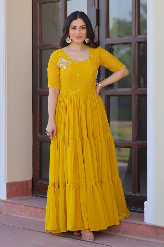 Yellow Embroidered Georgette Gown