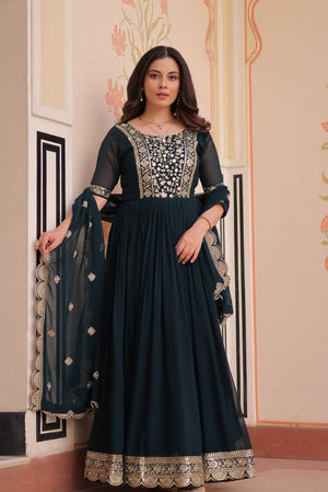 Turquoise Embroidered Georgette Gown
