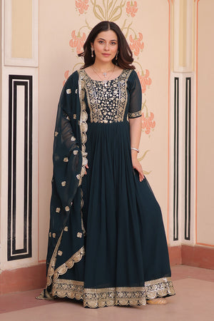 Turquoise Embroidered Georgette Gown