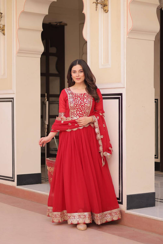 Red Embroidered Georgette Gown