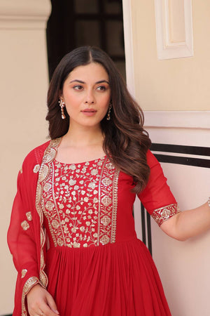 Red Embroidered Georgette Gown