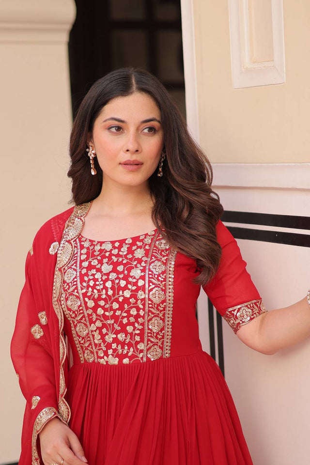 Red Embroidered Georgette Gown