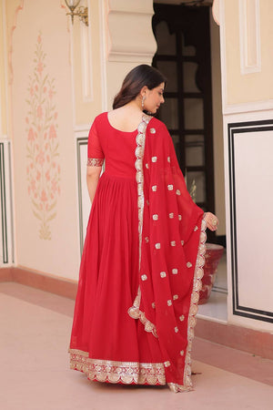 Red Embroidered Georgette Gown