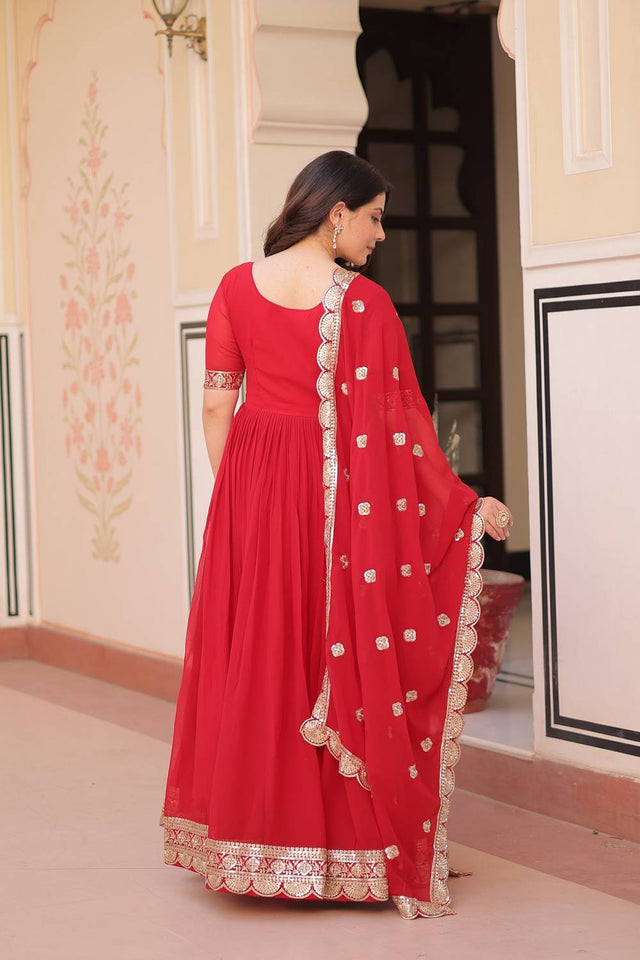 Red Embroidered Georgette Gown