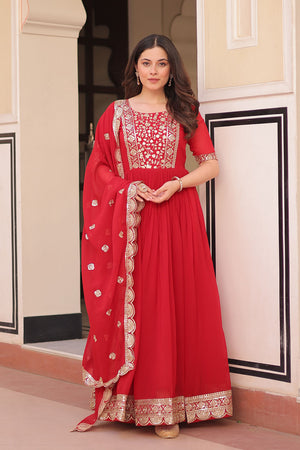 Red Embroidered Georgette Gown