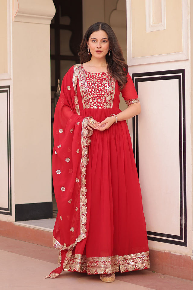 Red Embroidered Georgette Gown