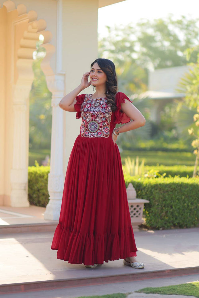 Maroon Embroidered Georgette Gown