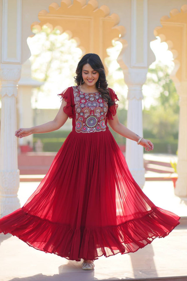 Maroon Embroidered Georgette Gown