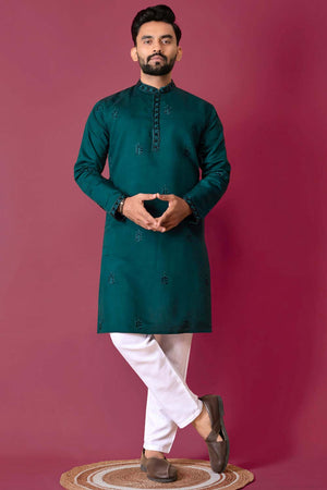 Green Embroidered Silk Kurta Pajama Set