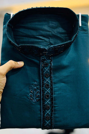 Green Embroidered Silk Kurta Pajama Set