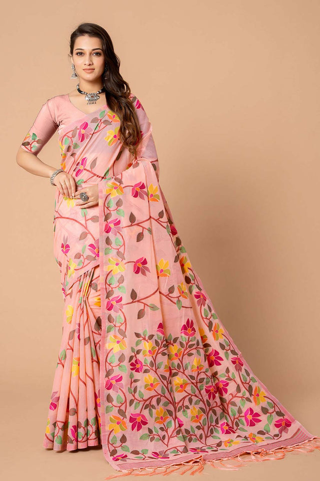 Pink Jamdani Floral Cotton Saree
