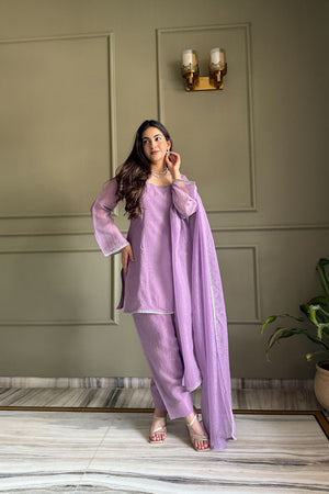 Lavender Embroidered Silk Kurti Pant Set (KB-297- LAVENDER )