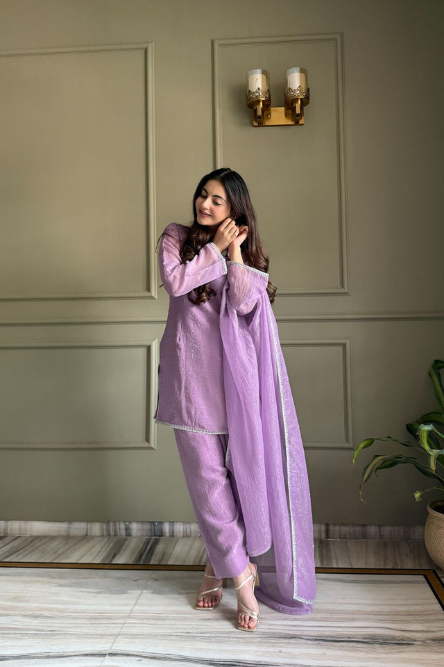 Lavender Embroidered Silk Kurti Pant Set (KB-297- LAVENDER )