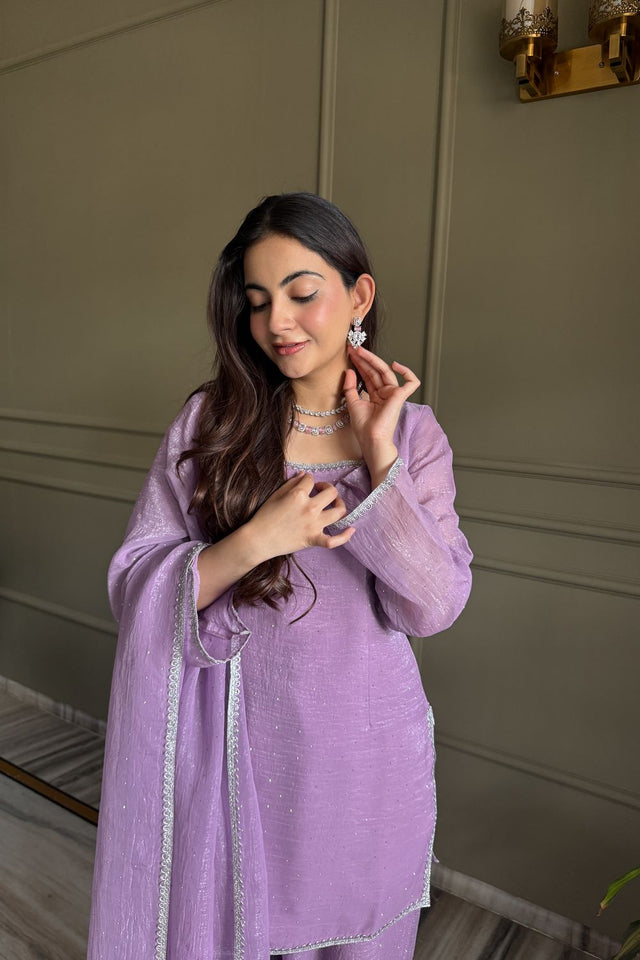 Lavender Embroidered Silk Kurti Pant Set (KB-297- LAVENDER )