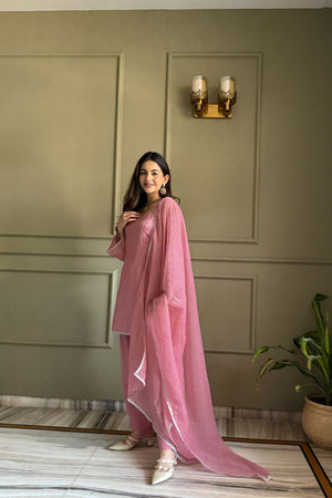 Pink Embroidered Silk Kurti Pant Set (KB-297- Pink )