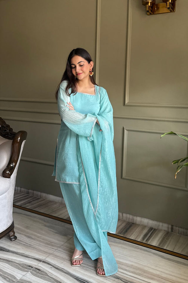 Blue Embroidered Silk Kurti Pant Set (KB-297- Sky)
