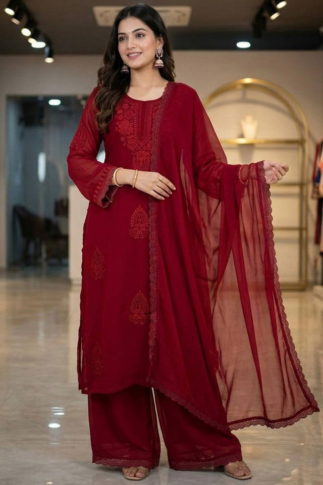 Maroon Embroidered Georgette Kurti Palazzo Set (KC001-Maroon)