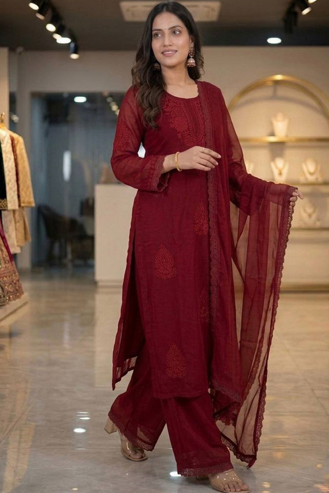Maroon Embroidered Georgette Kurti Palazzo Set (KC001-Maroon)