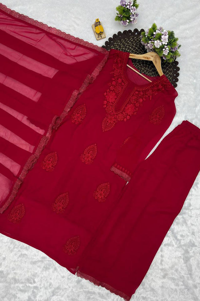 Maroon Embroidered Georgette Kurti Palazzo Set (KC001-Maroon)
