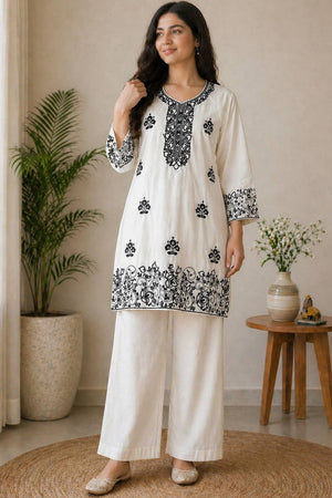 Cream Floral Embroidered Rayon Kurti Palazzo Set (KC002-BLACK)