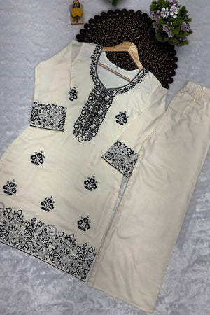Cream Floral Embroidered Rayon Kurti Palazzo Set (KC002-BLACK)