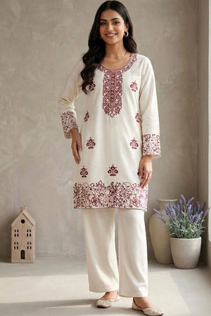 Cream Floral Embroidered Rayon Kurti Palazzo Set (KC002-WINE)