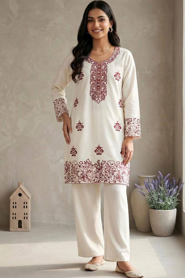 Cream Floral Embroidered Rayon Kurti Palazzo Set (KC002-WINE)