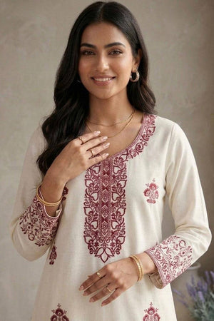 Cream Floral Embroidered Rayon Kurti Palazzo Set (KC002-WINE)