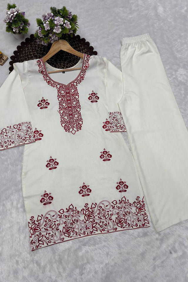 Cream Floral Embroidered Rayon Kurti Palazzo Set (KC002-WINE)