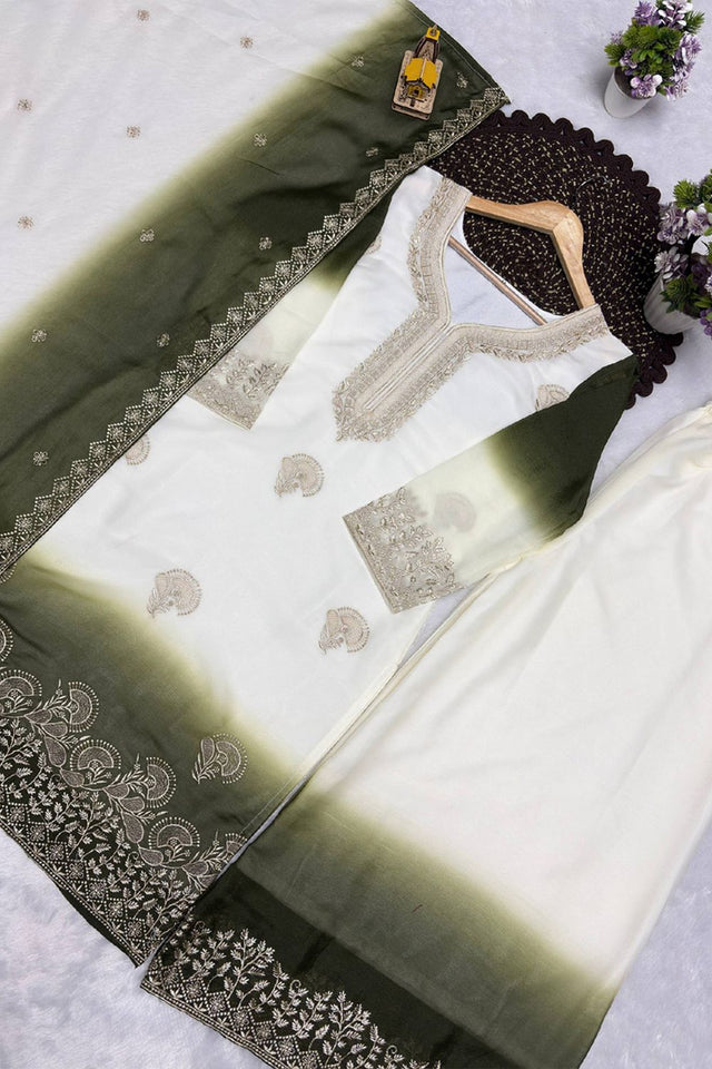 Mehendi Embroidered Georgette Kurti Palazzo Set (KC003-MAHENDI)