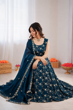 Blue Floral Embroidered Art Silk Anarkali Suit (KD-1534-blue)