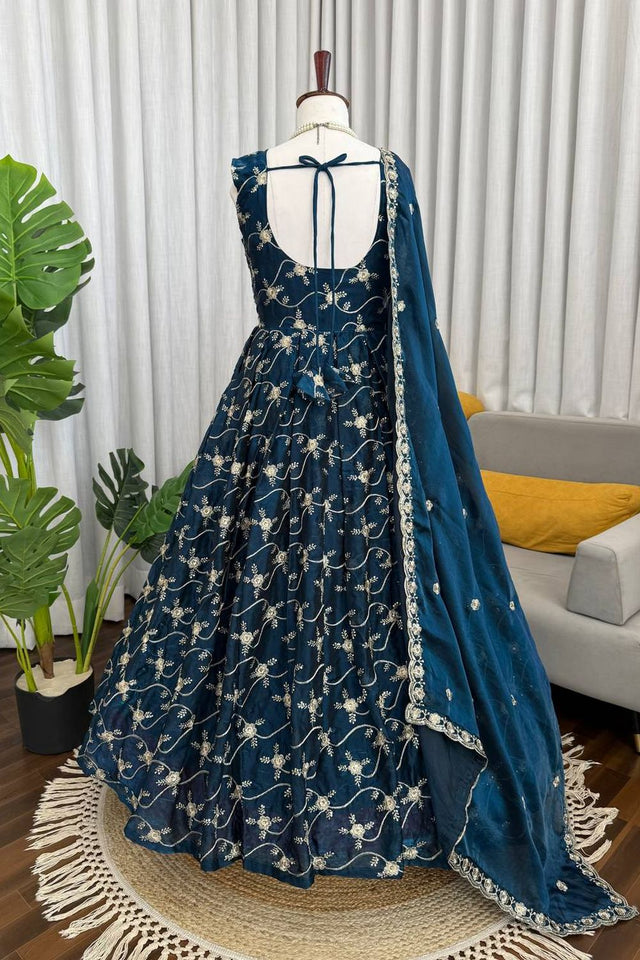 Blue Floral Embroidered Art Silk Anarkali Suit (KD-1534-blue)