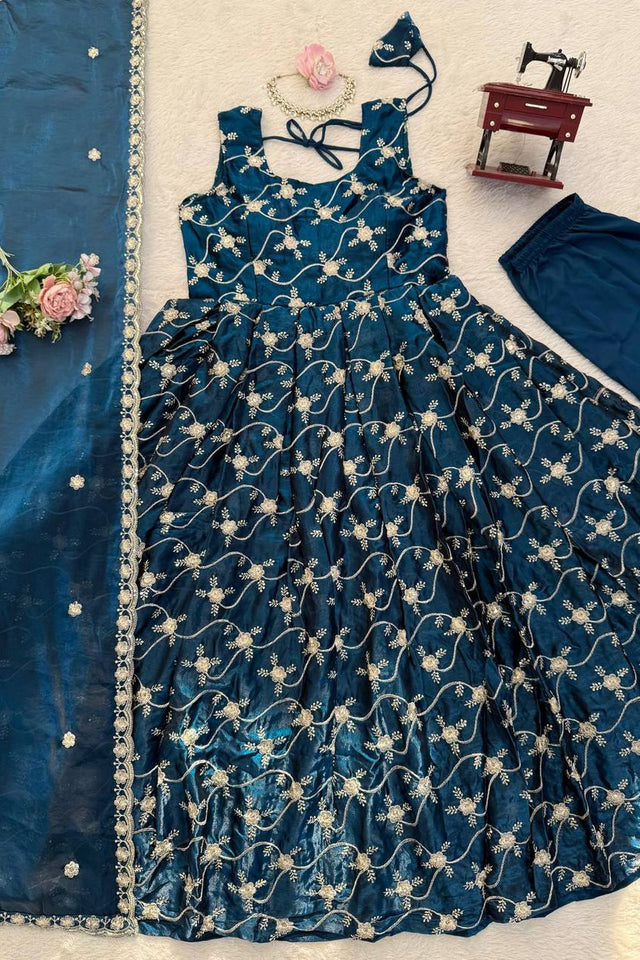 Blue Floral Embroidered Art Silk Anarkali Suit (KD-1534-blue)