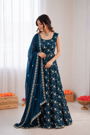 Blue Floral Embroidered Art Silk Anarkali Suit (KD-1534-blue)