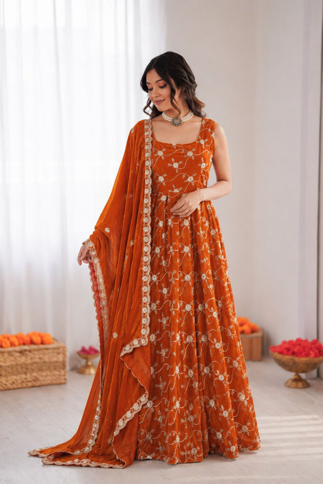 Orange Floral Embroidered Art Silk Anarkali Suit (KD-1534-orange)