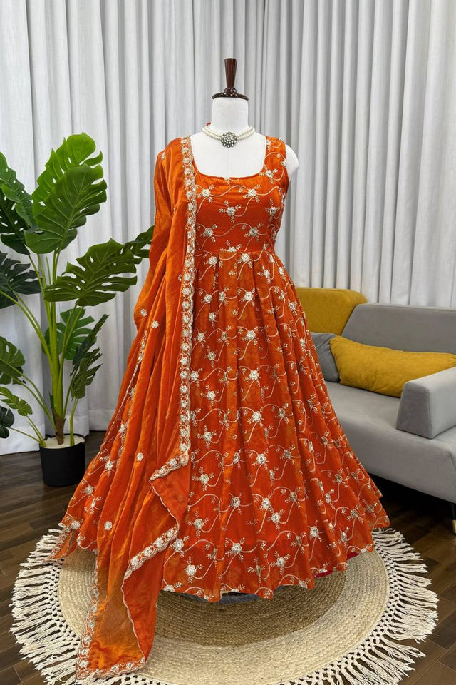 Orange Floral Embroidered Art Silk Anarkali Suit (KD-1534-orange)
