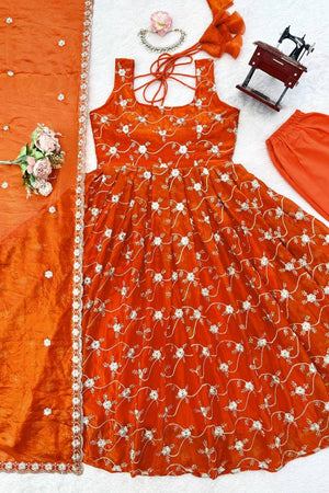 Orange Floral Embroidered Art Silk Anarkali Suit (KD-1534-orange)