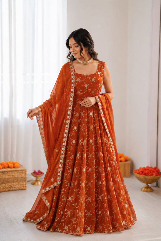 Orange Floral Embroidered Art Silk Anarkali Suit (KD-1534-orange)