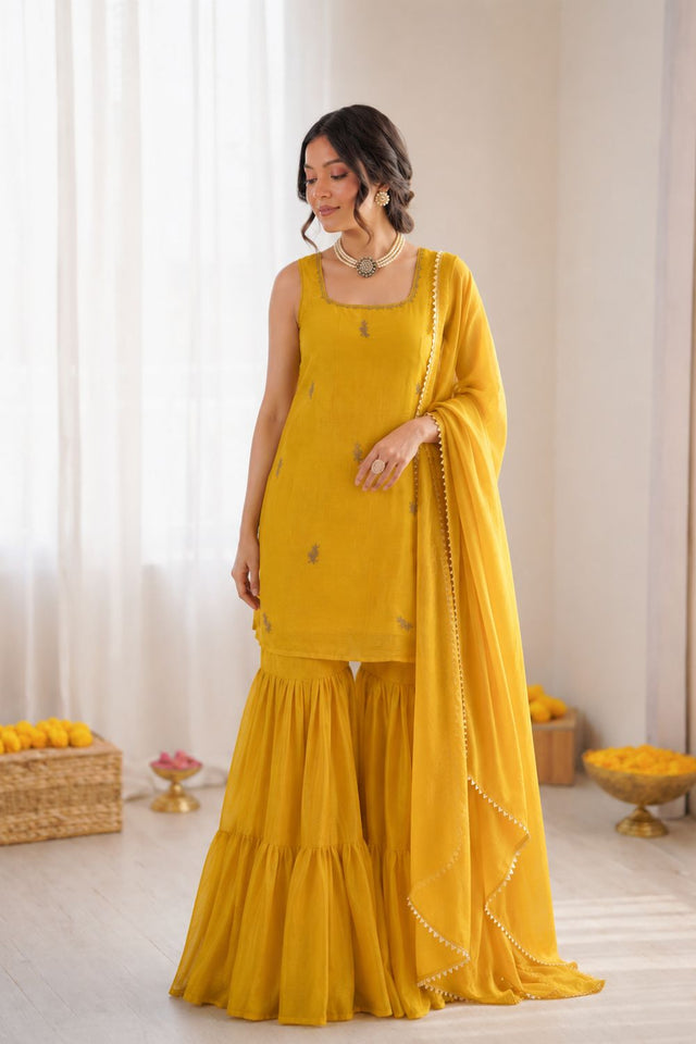 Yellow Embroidered Art Silk Sharara Suit (KD-1569)