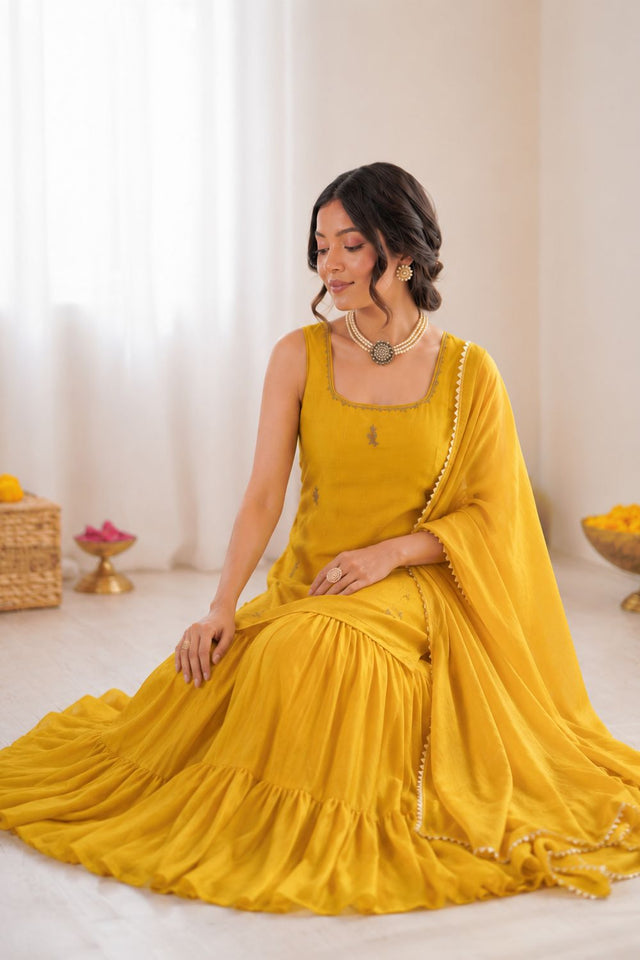 Yellow Embroidered Art Silk Sharara Suit (KD-1569)