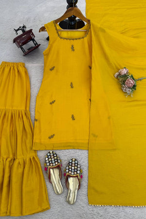 Yellow Embroidered Art Silk Sharara Suit (KD-1569)